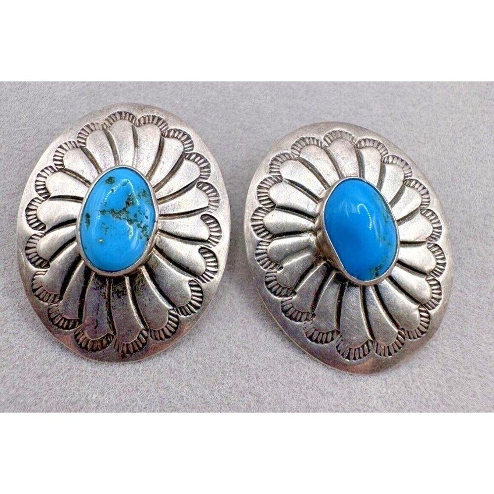 Vintage Navajo Sterling Silver Turquoise Hand-Stamped Concho Oval Post Earrings